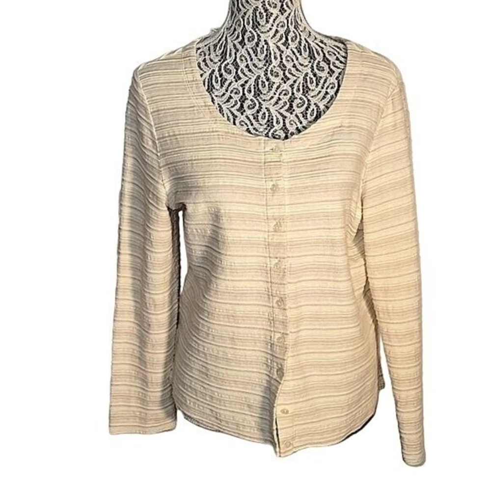 J JILL Button Down Textured Striped CardiganSweater 100% Cotton L Lightweight